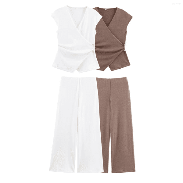 Women's Two Piece Pants ZBZA Woman's Textured Safety Pin Suit V-neck Sleeveless Slim-fit Cropped Top High Waist Straight Wide-leg Summer