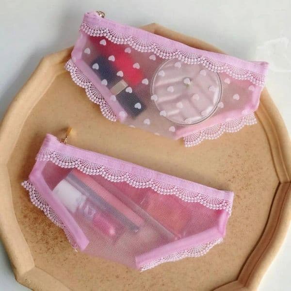 Cosmetic Bags Briefs Shape Bag Mesh Transparent Makeup Storage Pouch Lace Heart Y2K Toiletry For Travel