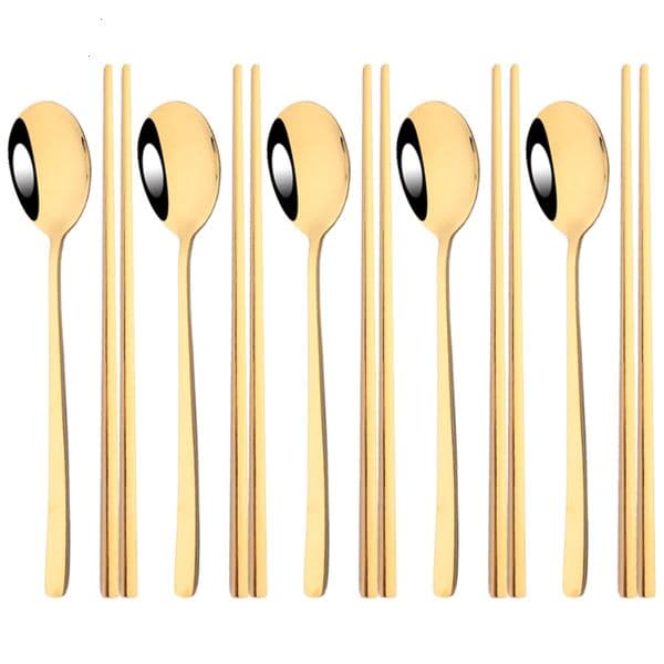 304 Stainless Steel Cutlery Set Sushi Sticks Dinner Spoons 10Pcs Dinnerware Korean Chopsticks Dessert Spoon Flatware 260520