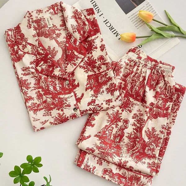 Fashion Print Flower 2PCS Pajamas Set Women Sleepwear Spring Summer Trouser Suits Lounge Wear Loose Satin Homewear Pijamas SuitJ260522