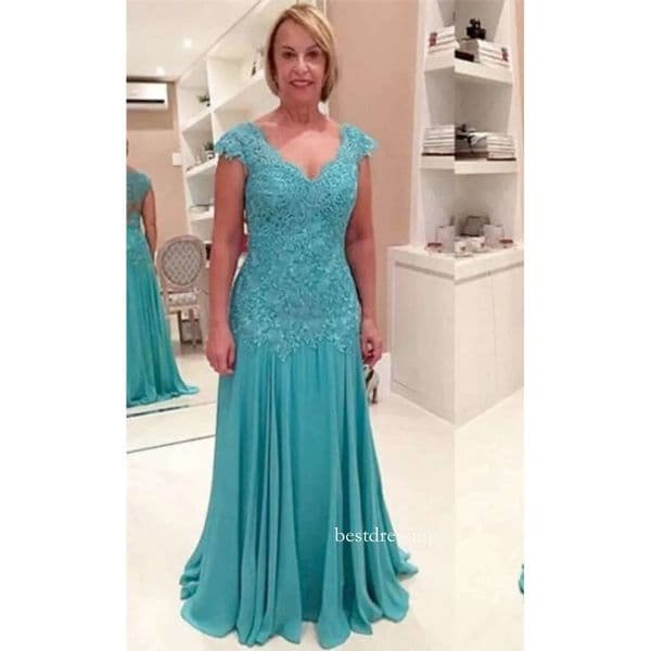 Simple New Plus Size Mother Of The Bride Vestidos Madre De La Novia V Neck Blue Chiffon Long Evening Dresses With Appliques Hy366 Bd522