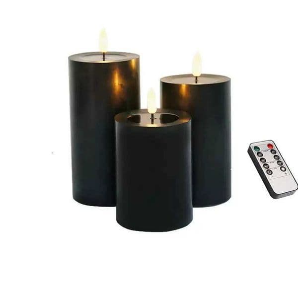 3pcs Black Flameless Pillar Candles w/Remote timer Flickering LED paraffin Wax Candles Battery Operated Set of 3 Window Candle H260522