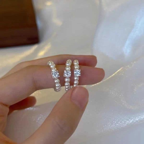 Minar Luxury White Gray Freshwater Pearl CZ Zircon Cubes Strand Elastic Cocktail Ring for Women 14K Gold Silver Plated Copper L260522
