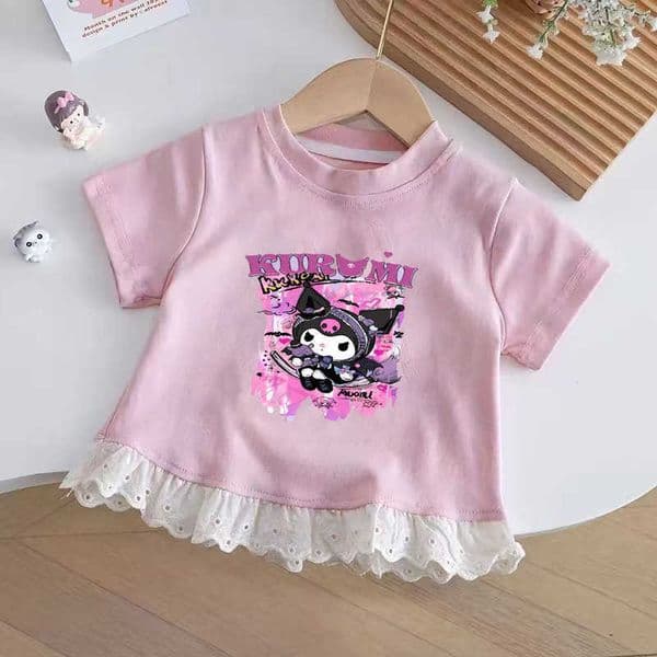 Childrens Summer New Short-Sleeve Lace Kuromi Dress for Young Girls Cute Stylish Breathable Sweet Short-Sleeve L260521TRZI