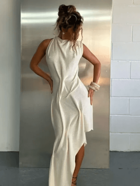 Casual Dresses Romantic Soft Halter Maxi Dress Ruched Asymmetrical Women Anniversary Dinners Vacation Elegant Female Party Wear