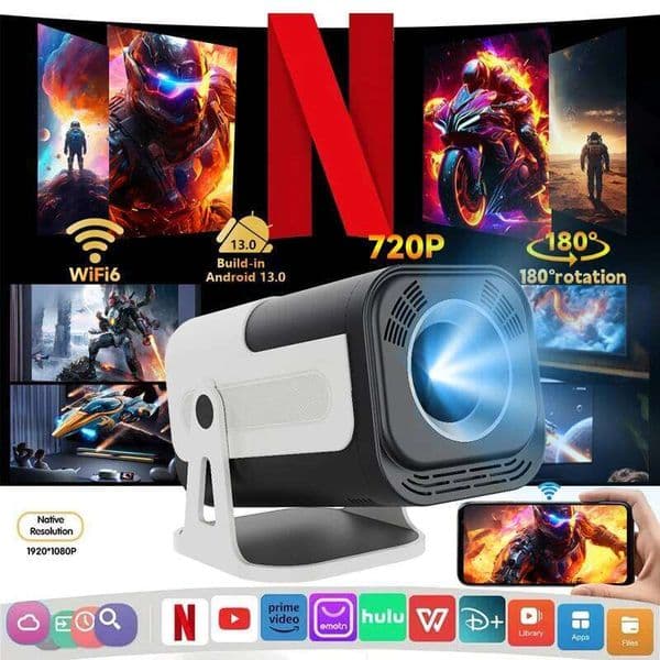 HY320 Mini | 4K Android 13 Projector Native 720P 390 ANSI Lumens Dual Wi-Fi 6 BT 5.0 1920*720P Cinema Portable Proje 26L0522