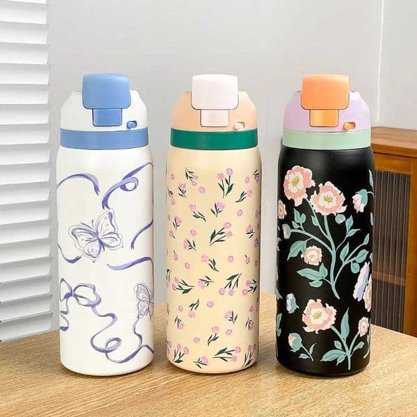 34oz Stylish Stainless Steel Water Bottle - Trendy Floral Two-Tone Design 24Hr Hot/Cold Insulated Leakproof Sport Lid Handle T260520