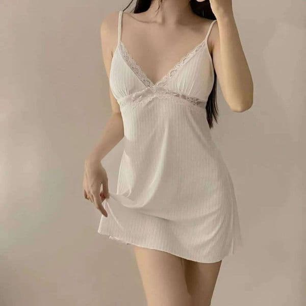 Womens Ribbed Knit Cami Lace Trim V Neck Spaghetti Strap Mini Slip Nightgown Loungewear Casual Y2K Summer Sleep Dress Soft