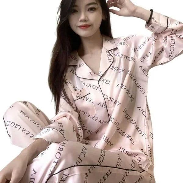 Korean Simple Style Pajamas Womens Silk Long-sleeved Pink Letter Light Luxury Spring Autumn Loungewear Set Can Be Worn OutsideJ260522