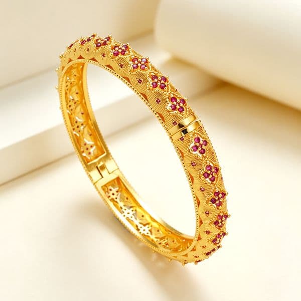 Red Color Zirconia Inlaid Luxury Women Bangle 24k Gold Plated Copper Bracelet Bangle Wedding Party Jewelry Gift