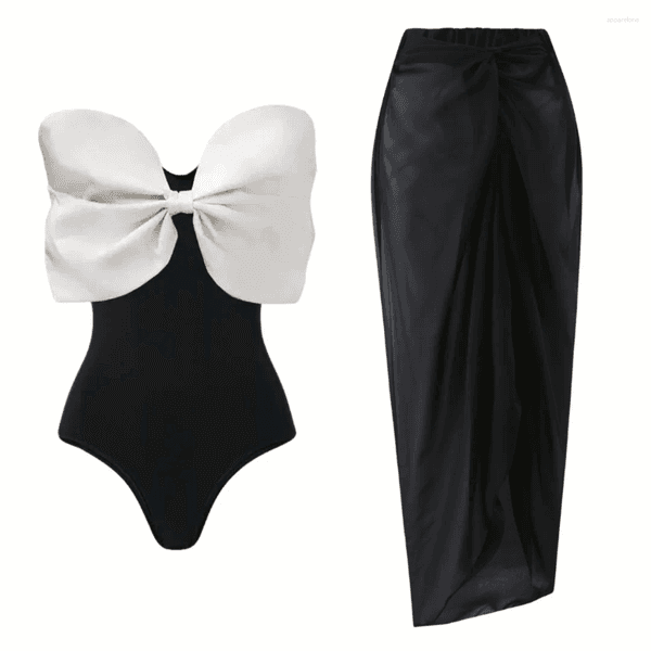 Women's Strapless Black And White Swimwear Bow Swimsuit Two-Piece Bodysuit Bikini Set Beach Style Maxi Dress Skirt