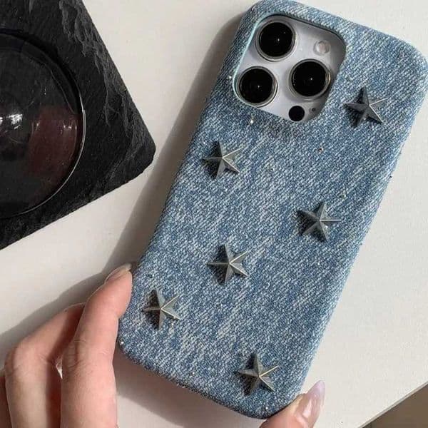 For IPhone 17 16 15 14 13 Retro Denim Leather Metal Pentagram Star Decoration Phone Case for IPhone 17 16 15 14 13 Prax ProJ260522