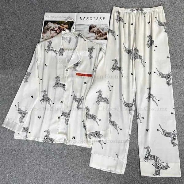 Zebra Print Pajamas Suit New Summer Sleepwear Nightwear Women Loungewear Trousers Set Satin Home Clothes Loose Pyjamas NightgownJ260522