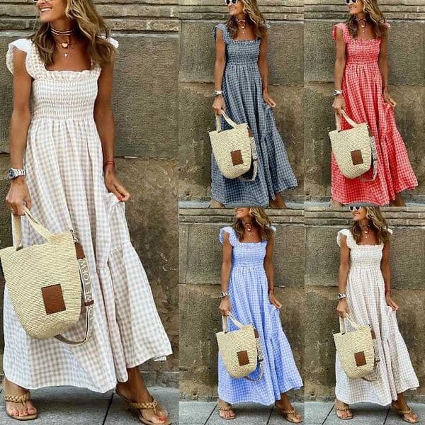 2026 Summer European and American Womens Retro Plaid Sleeveless Ruched Dress with Thin Straps and Ruffle Long DressT260522