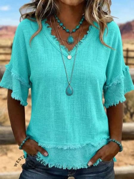 2026 New Style V-neck Pullover Short-Sleeved Loose-Fitting Women's Casual Shirt Top
