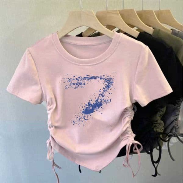 Girls Summer Ice Silk Ribbed Drawstring Design Short Sleeve T-Shirt for Older Children Lightweight Breathable Cartoon Print Slim Fit Versatile L260521545A