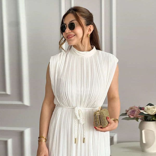 spring dress for woman American women's clothing summer new pleated half-high collar waist-cinching slimming tie-waist mid-length dress sandro designer dress