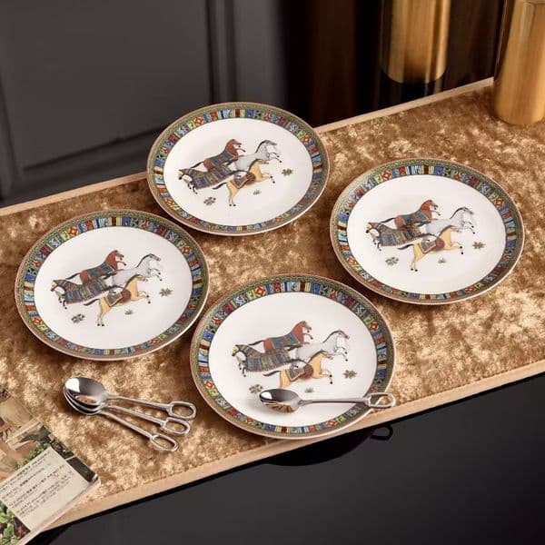 Equestrian Horse Print Ceramic Plates Set, 4PCS Dinner Plates with Colorful Tribal Border for Home Dining Decor