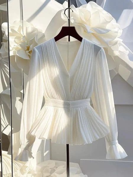 Youth Elegant Pleated White Long Sleeve Button Up Shirt Women V Neck Ruffle Tunic Basic Blouse Chiffon Lady Office Casual 260521