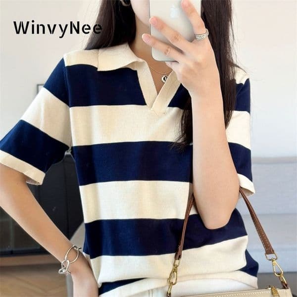 WinvyNee Summer Half Sleeved Womens Solid Polo Shirt Casual Cotton Striped Top Tshirt Women Clothing Knitted A100 260521
