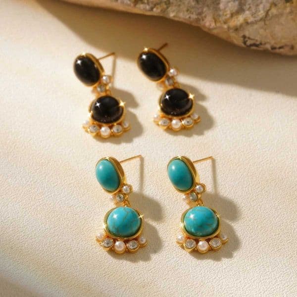 Chic Vintage Style Turquoise/Black Onyx Drop Earrings with Faux Pearls - Perfect Statement Jewelry Gift for Her EverydayZHR260522ZHR260522