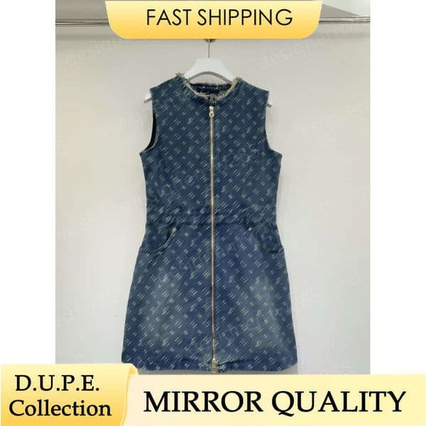 Designer Inspired Denim Dress Luxury Monogram Logo Zipper Sleeveless Short Jean Skirt Vintage High Street Retro Summer Casual Wear For Women Girls