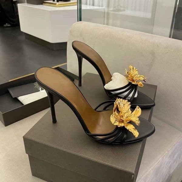 GZ Same Style French Peep Toe High Heels 2025 Summer New Open Toe Sandals Women Thin Heel Gold Flower Slippers X260522