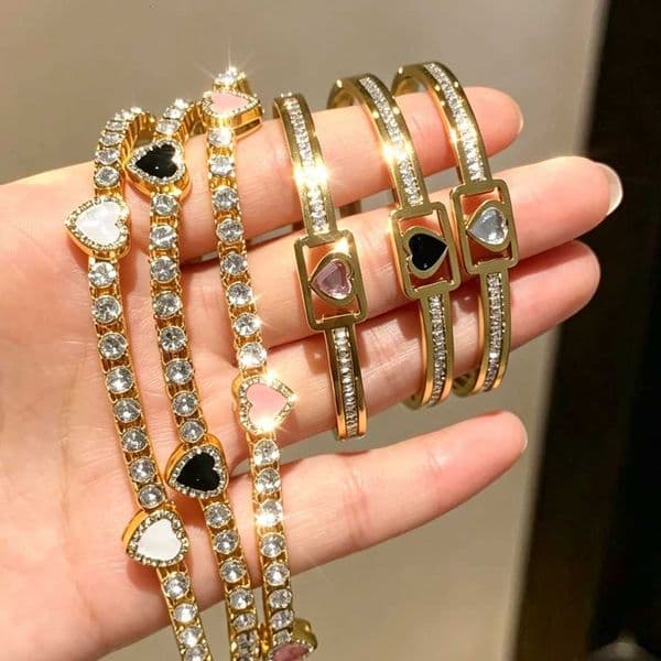 Yupsk 2Pcs/Set Pink Black oil Drop Heart Crystal Stainless Steel Bracelet Bangles Set for Women Girls Y2K Fashion Wrist Jewelry H260522