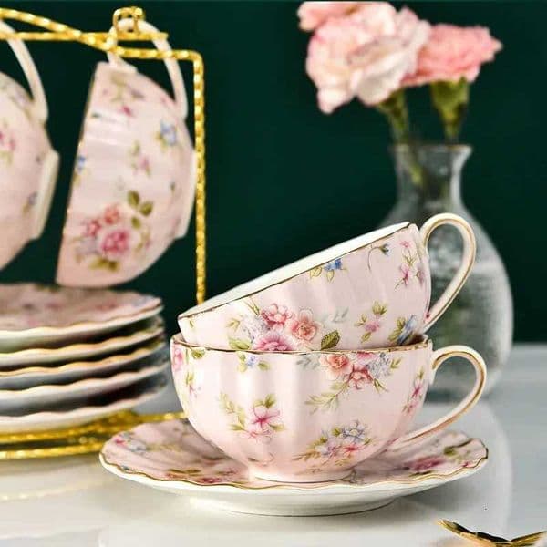 Pastoral style Flowers Tea Set Ceramic Coffee Cup Suit High-Grade Bone China Golden edge Tea Cup And Saucer With A SpoonT260522