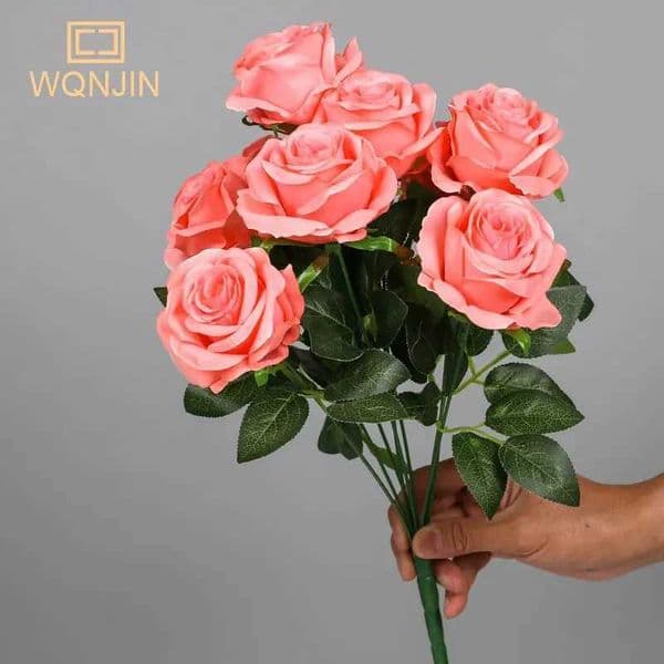 Rose Flower Bouquet Artificial Pink Red Flowers Wedding Decoration 9 Heads Silk Flowers Fake Roses Flores Home Decor Bunch L260522