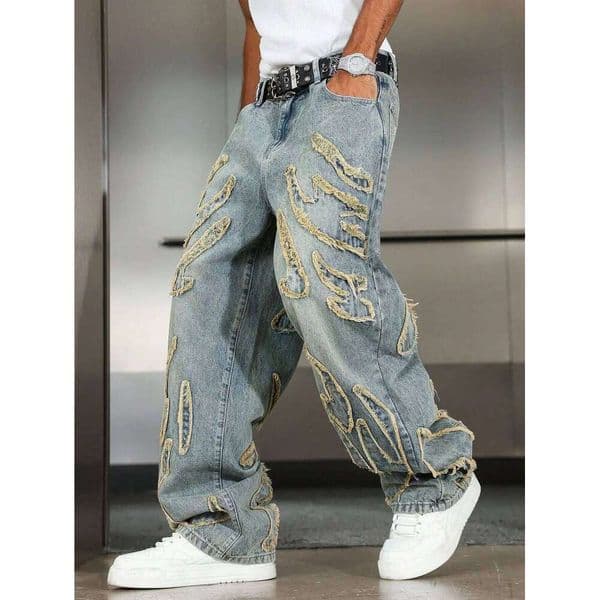 Men's Street Style Casual Patchwork Embroidered Frayed Hem Macau Blue Denim Jeans Trendy Loose Fit Straight Leg Pants 26Y0522