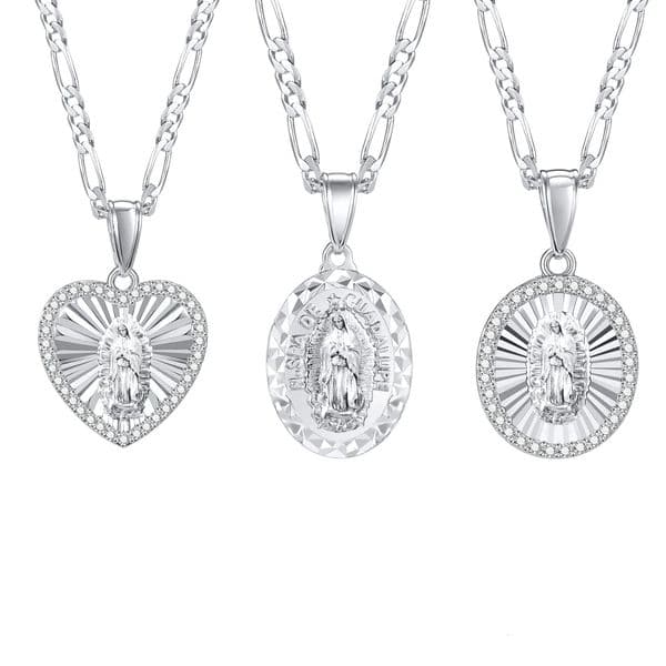 Cubic Zirconia Virgin Mary Pendant Necklace For Women Oval Heart Stainless Steel Figaro Chain Catholic Religious Jewelry 260521