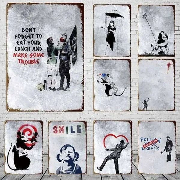 2026 Banksy Graffiti Art Metal cologne Tin Sign Street Wall Painting Love Little Boy Poster Living Room Corridor perfume Bar Home Decoration Free Shipping 8