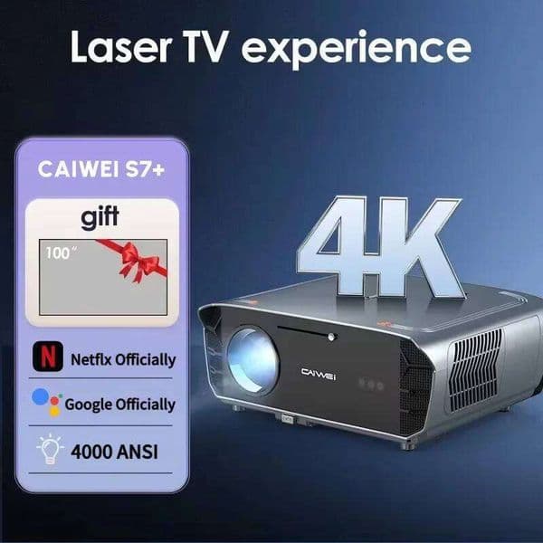 CAIWEI S7+ 1080P 4k Ultra HD Projectors for Home Theater Google TV Smart Wifi 6 Auto Focus and Keystone 4000 ANSI Projector 26L0522