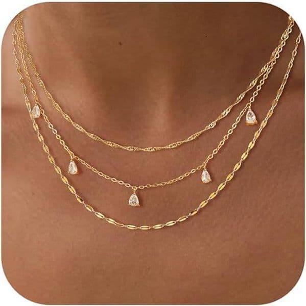 High Quality European American minimalist cubic zirconia pendant beaded necklace set, layered with gold beads fine chain, three-layer necklace, elegant and stylish