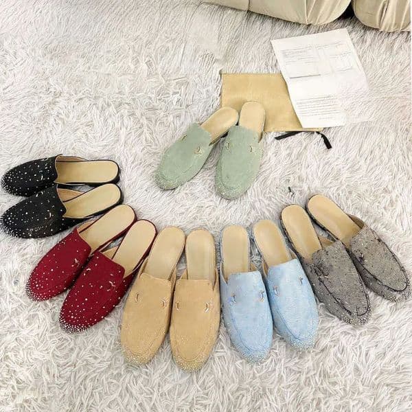 slippers GC Crystal Rhinestone Mules Women Flat Slip On Leather Embellished Shoes Comfort Walking Party Wedding Daily Casual Fashion Shoes Schuhe Chaussure