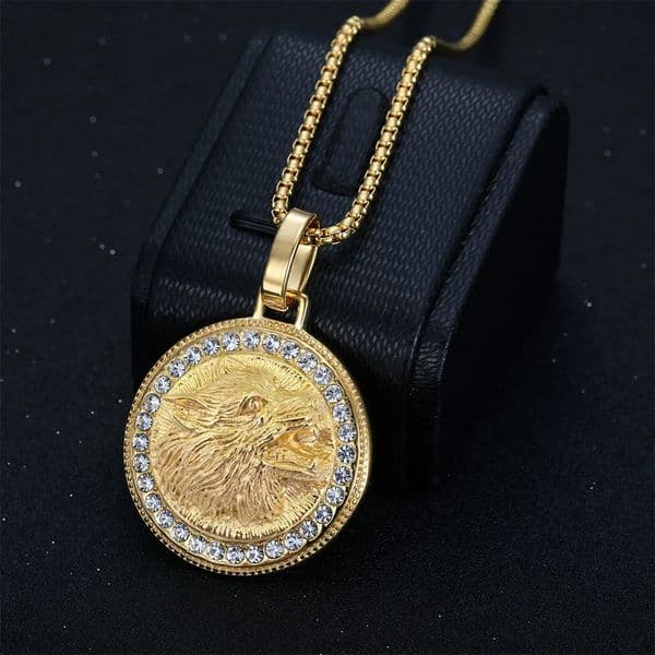 Punk Iced Out Animal Wolf Head Pendants Male Gold Color Stainless Steel Zircon Round Necklace For Men Fashion Party Jewelry Gift 260521