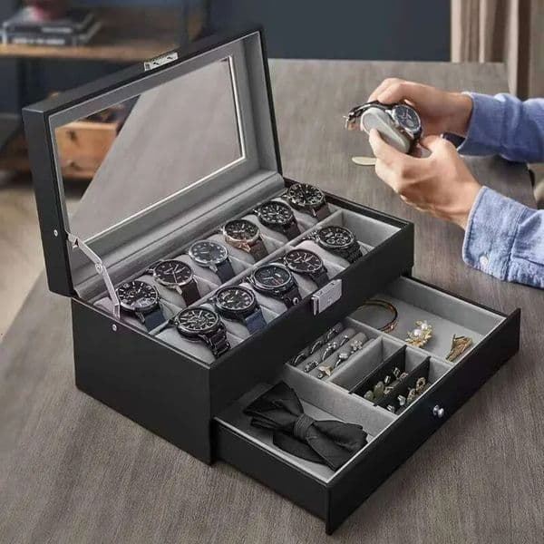 2026 12-Slot Lockable Storage Box,Jewelry Drawers, 2-Tier Watch And Glasses Display Box With cologne Glass perfume Lid Free Shipping 8