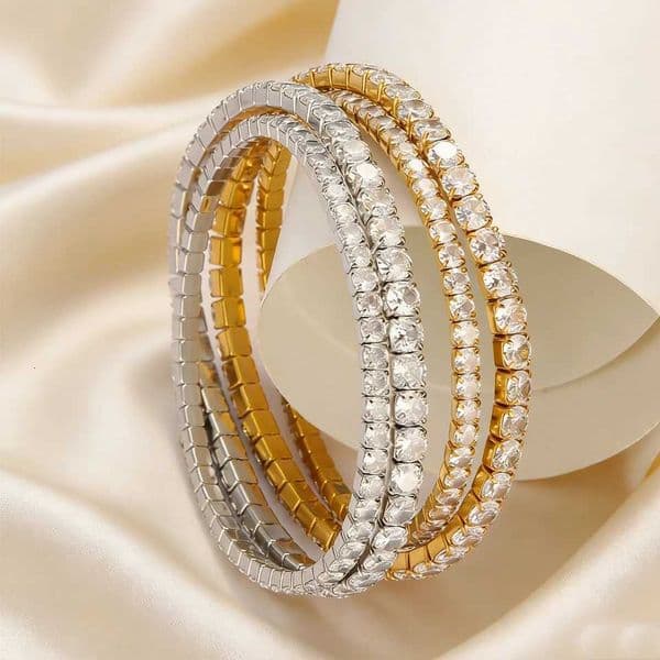 Yupsk 3/4MM Shiny Round Cubic Zirconia Stainless steel Elastic Bracelet for Women Men Fashion Waterproof Party Jewelry Gift H260522