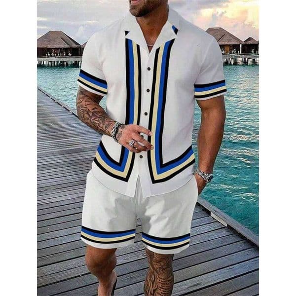 2024 New Beach 2-Piece Quick Drying Hawaiian Shirt and Shorts Set Summer Men's Fashion Striped Print Casual Wear