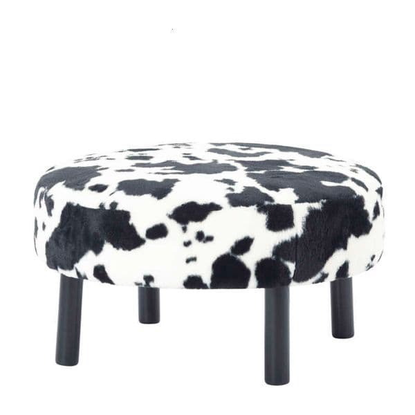 27.56" Round Ottoman, Faux Rabbit Fur Upholstered Footrest with Solid Wood Legs, Multifunctional Extra Seat for Home Office Living Room