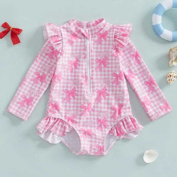Princess Bow Print Toddler Girls Beach Wear Kids Rash Guard Swimsuits Zip Up Long Sleeve Stand Collar Baby Girls SwimwearsT260522