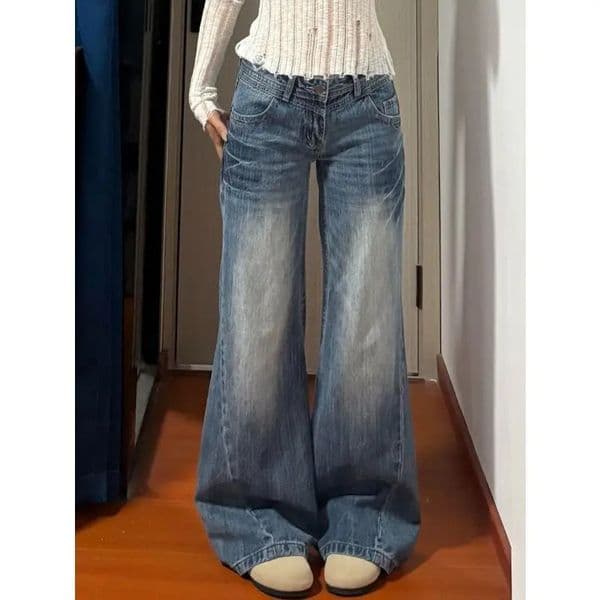 American Vintage Edgy Low Waist Washed Jeans Women Lightning Crack Flared Wide Leg Floor Length Versatile Denim Pants 260520