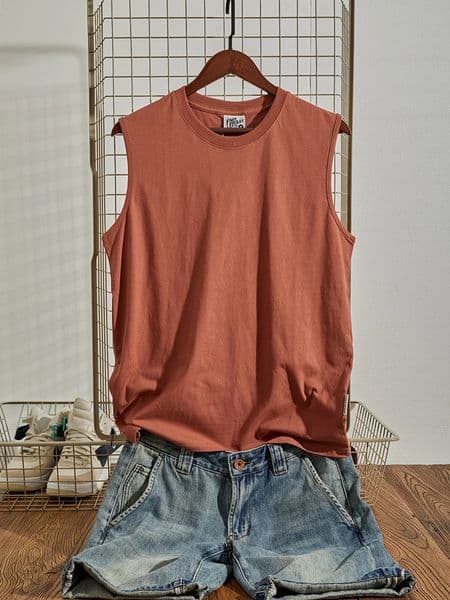 Summer American Retro Sleeveless O-neck Soild Color T-shirt Mens Fashion 100 Cotton Washed Old Casual Sports Vest Tops 260521