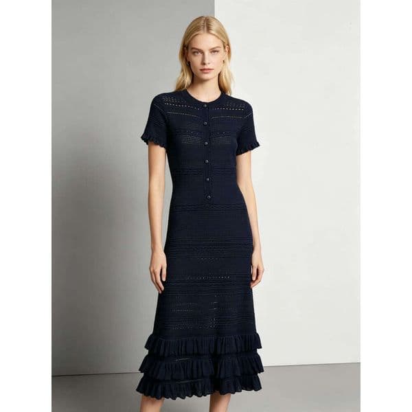 French Soft Multi-Color Openwork Knit Dress, Round Neck Short Sleeve Ruffled Tiered Midi Dress Lightweight Travel