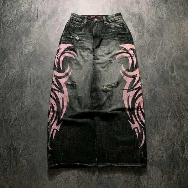 Men's Mottled Totem Print American Style Old Washed Retro Loose Fashion Trend Wide Leg Jeans Goth Pant Y2K Unisex 26Y0522