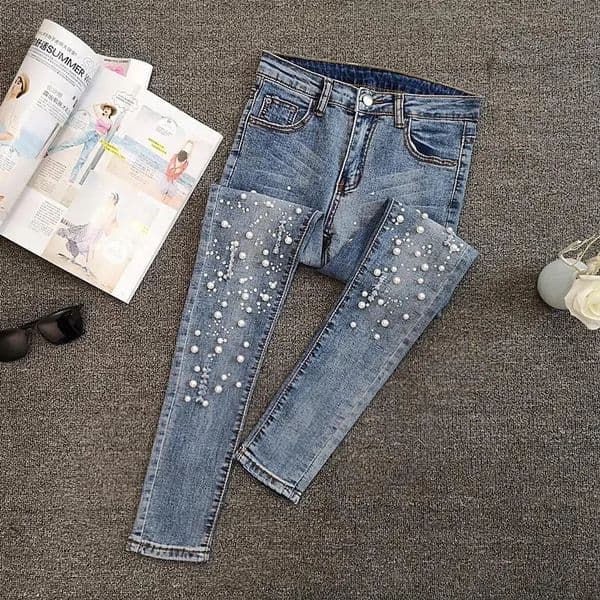 VWBQNZ Nailed Bead Jeans Women Spring/Summer Versatile Hole Breaking Elastic Skinny Pencil Pants Female Casual Denim Pants 260520