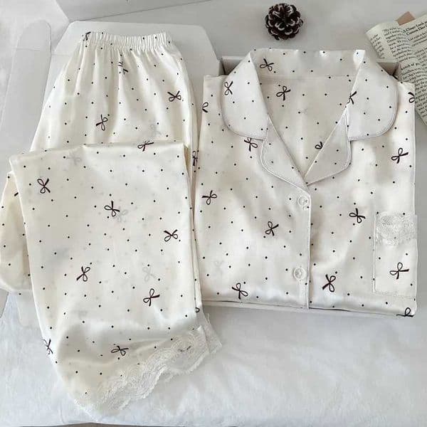New Korean-Style Elegant Young Ladies Pyjamas Summer New Arrival Short-Sleeved Polka Dot Bow Ice Silk Pyjama Set Homewear SetJ260522