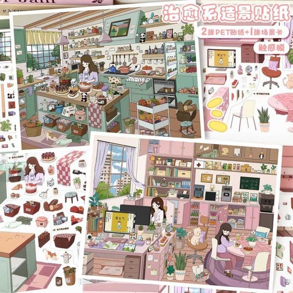 Kawaii Comfortable work 3D Dessert Kitchen Landscape Sticker DIY Pocket Cabin Scene festival gift M260522