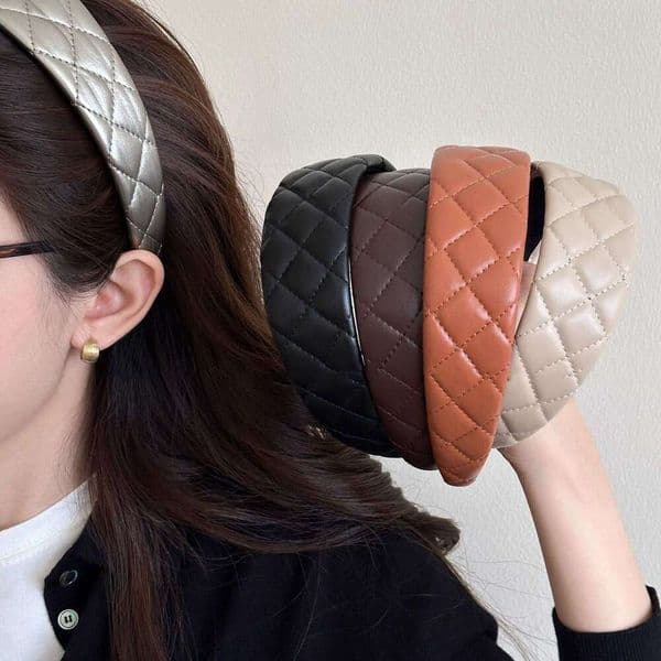 French Retro Leather Quilted for Women New Autumn Winter High Crown Versatile Wide Headband Hair Accessory